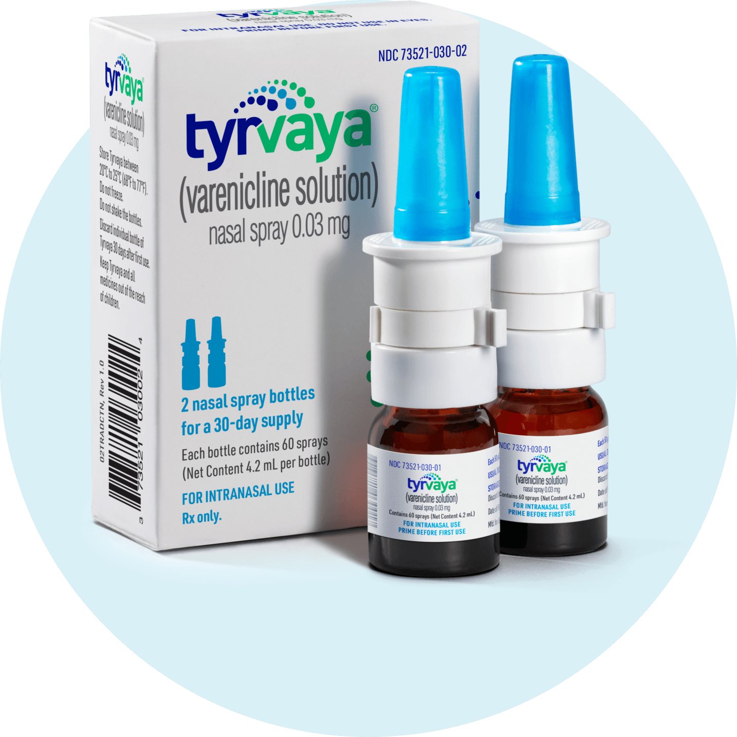 Two 4.2mL bottles of Tyrvaya® (varenicline solution) nasal spray with product packaging