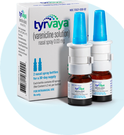 Two 4.2 mL bottles of Tyrvaya® (varenicline solution) nasal spray with product packaging
